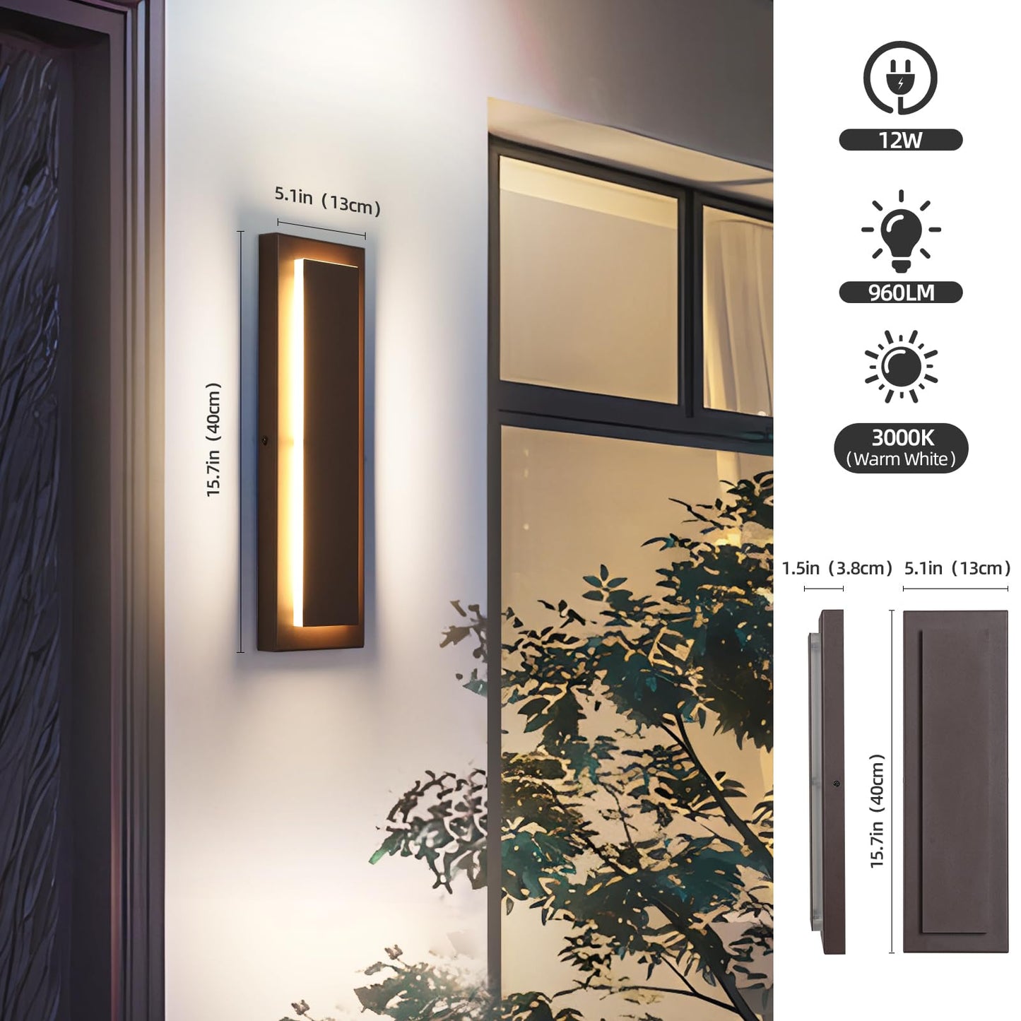 Zsmaiku 15.7 Modern Exterior Outdoor Wall Light Led Porch Front Door Lights Outdoor Wall Sconce Brown Exterior Light Fixture Long Brown Outside Sconces Wall Lighting Indoor 3000K 12W 2 Pcs