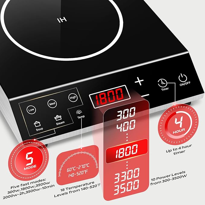 3500W Commercial Induction Cooktop, 220V Countertop Burner with 10 Power Levels, 5 Quick-Temp Modes, Timer & LED Display, Portable Induction Hot Plate for Restaurant Kitchen Hotel Catering