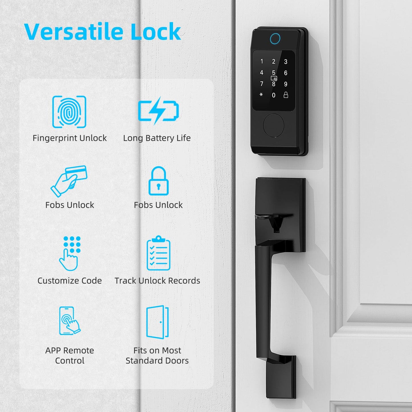 WiFi Front Door Lock Set with Handle, Featuring Fingerprint Keyless Entry, Smart Keypad with Lever Handles, Electronic Screen + WiFi Gateway, App Control, Auto-Lock, and Voice Control