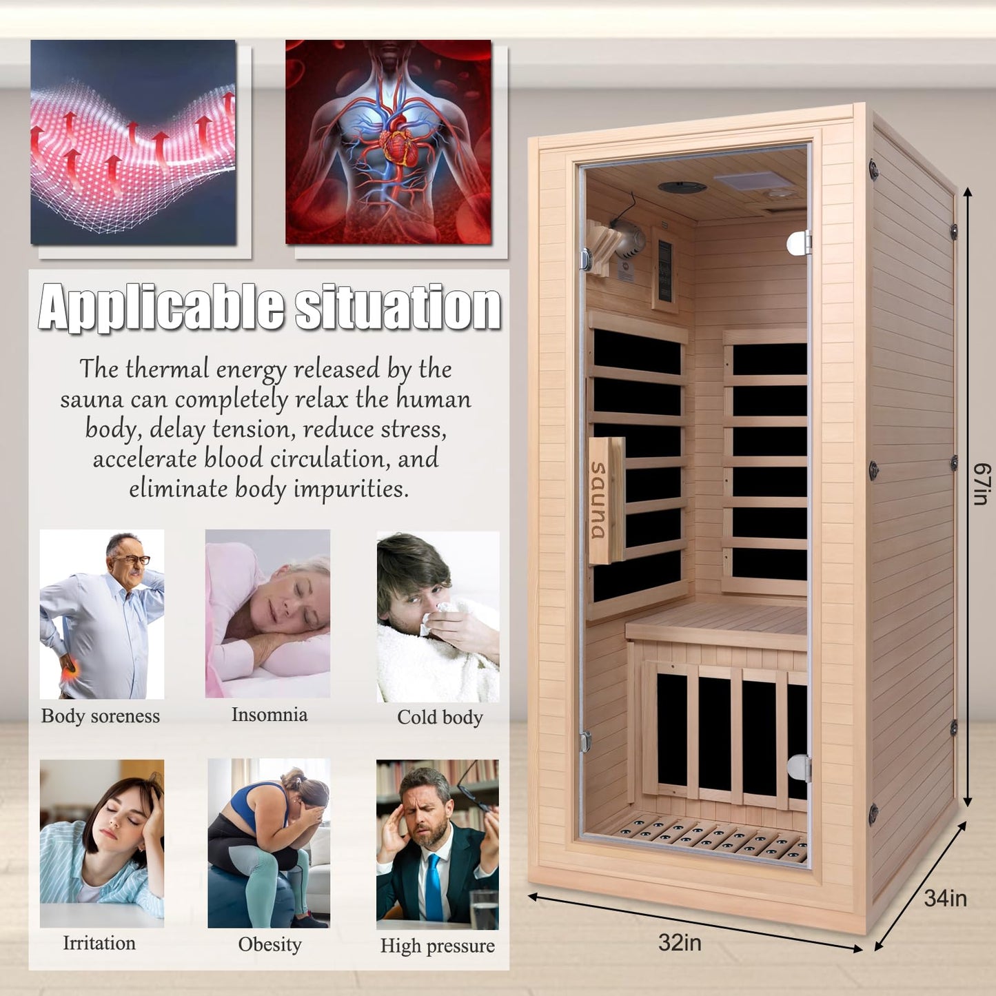 Infrared Home Sauna Room 1 Person Hemlock Wooden Indoor Dry Sauna，Low EMF 1200W/110V Heaters Panels,LCD Control Panel,10 Minutes Pre-Warm up,Time and Temp Pre-Set,1-Year Aftersale