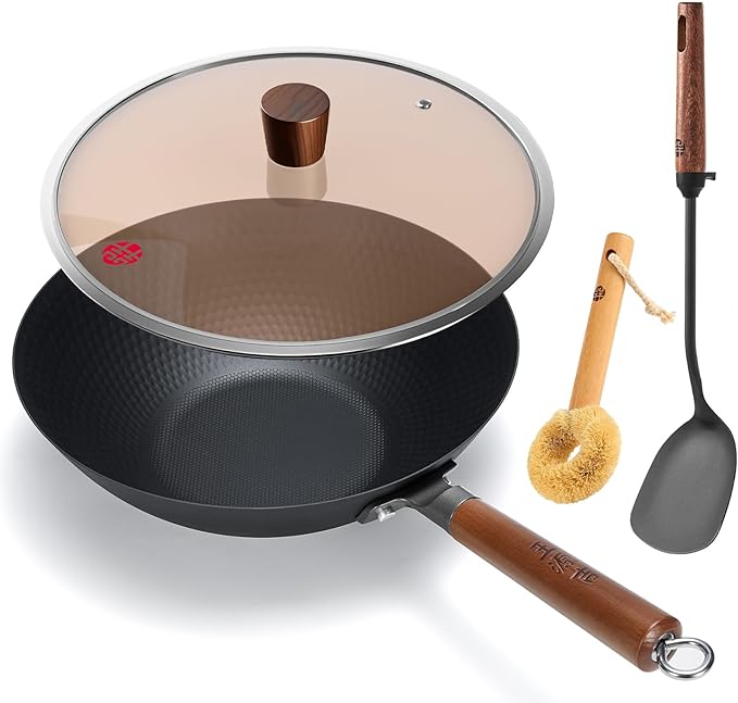 WANGYUANJI 12.6 Inch Carbon Steel Wok with Lid, Flat Bottom Uncoated Lightweight Wok Pan with Wooden Handle for Stir-Fry, Gas, Electric and Induction