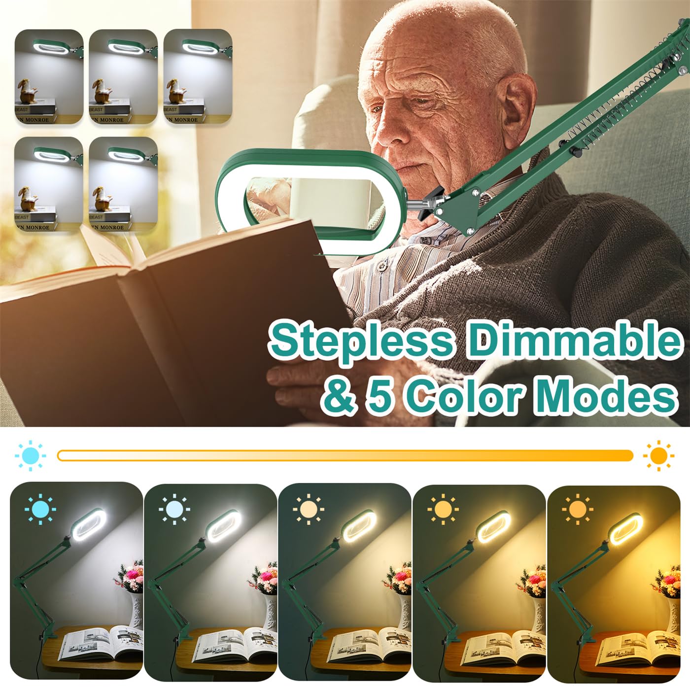IVMAIE 10X Magnifying Glass with Light, Stepless Dimmable, Clamp Desk Lamp, Metal, Green, Model JZ602