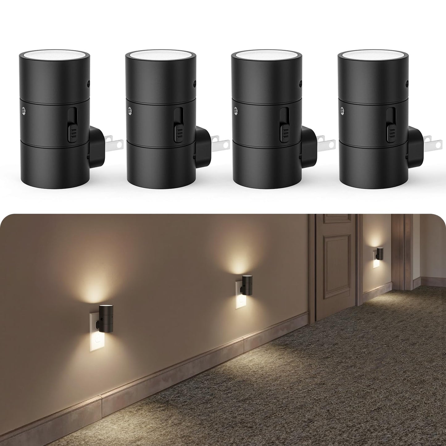 VOLISUN Night Light, Dimmable LED Plug-in, 0-100LM Brightness, Amber/3000K/4500K, 4 Pack, Black, Model XYD001