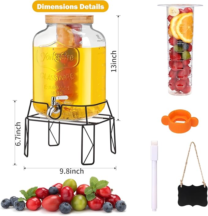2 Gallon Drink Dispensers with Stand, Glass Beverage Dispenser with Stainless Steel Spigot and Bamboo Lid,Lemonade Dispenser,Glass Drink Dispensers for Parties, Weddings