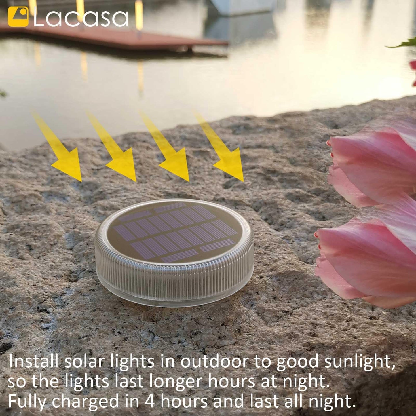 Lacasa Solar Deck Lights, 4 Pack, 30LM, IP68 Waterproof, Auto ON/OFF, Warm White 2700K, Round