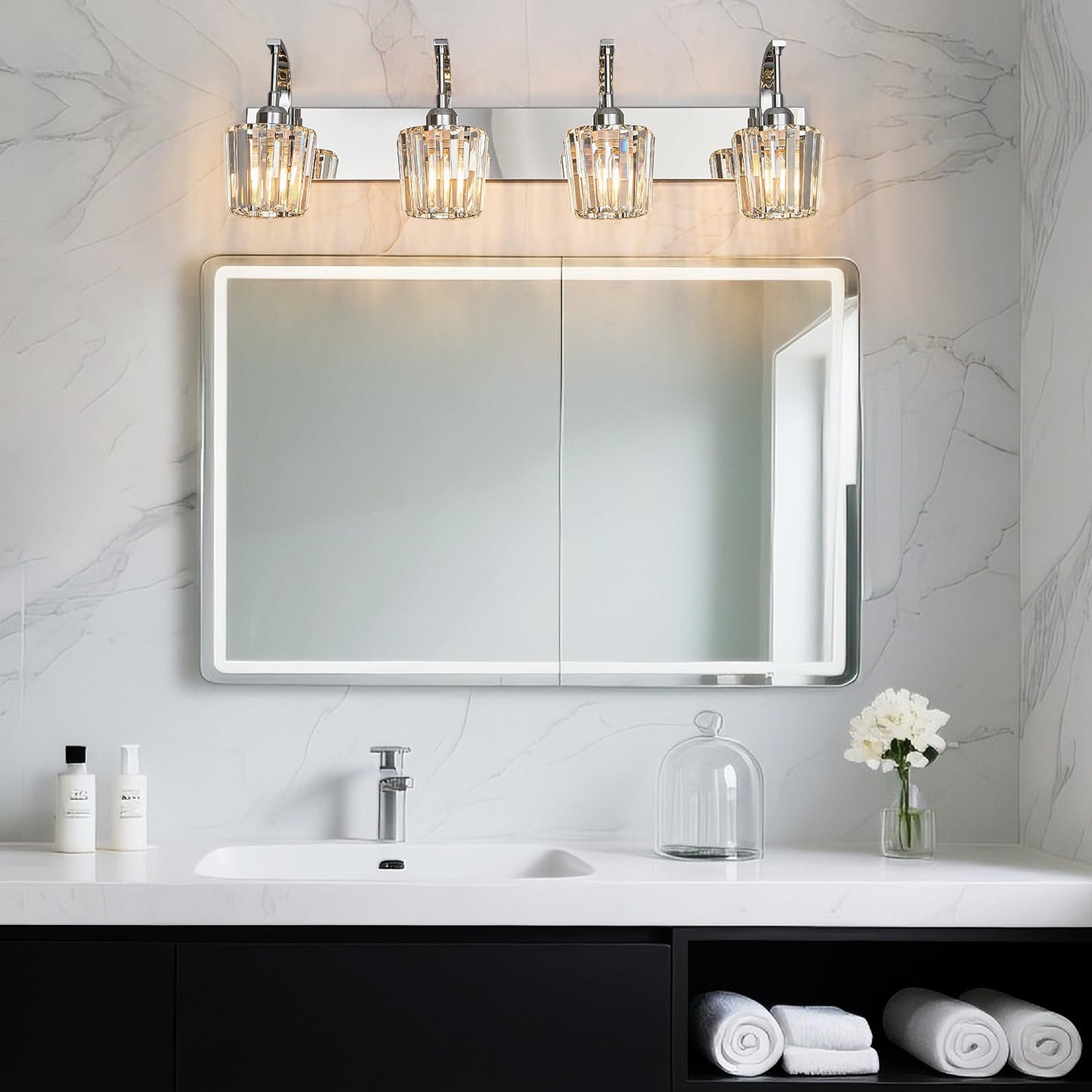 Fdpby Modern Bathroom Vanity Light  4-Light Chrome Wall Sconce With Crystal Accents  Over Mirror Bathroom Lighting Fixture  32.67 Long Dimmable Vanity Lamp For Makeup  Easy Installation