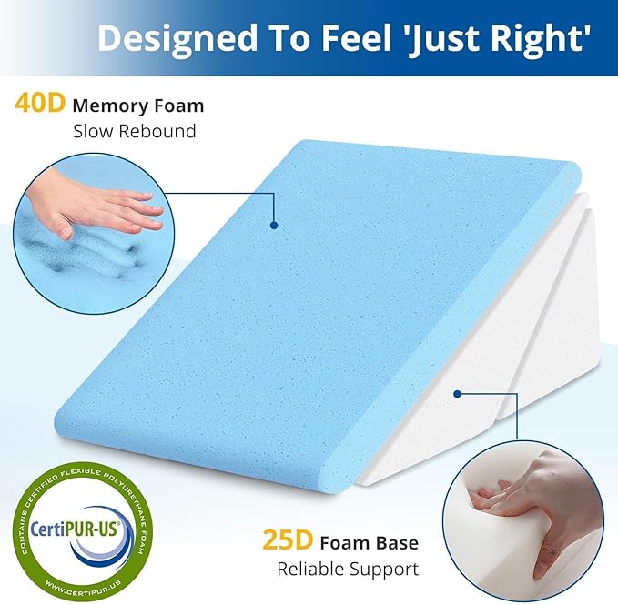 SASTTIE Wedge Pillow for Sleep Apnea, 12 Inch Bed Wedge Pillow for Back Pain Relief, Adjustable Memory Foam Pillow Wedges for Sleeping Acid Reflux, Shoulder Pain Relief and Snoring, Light Grey & White