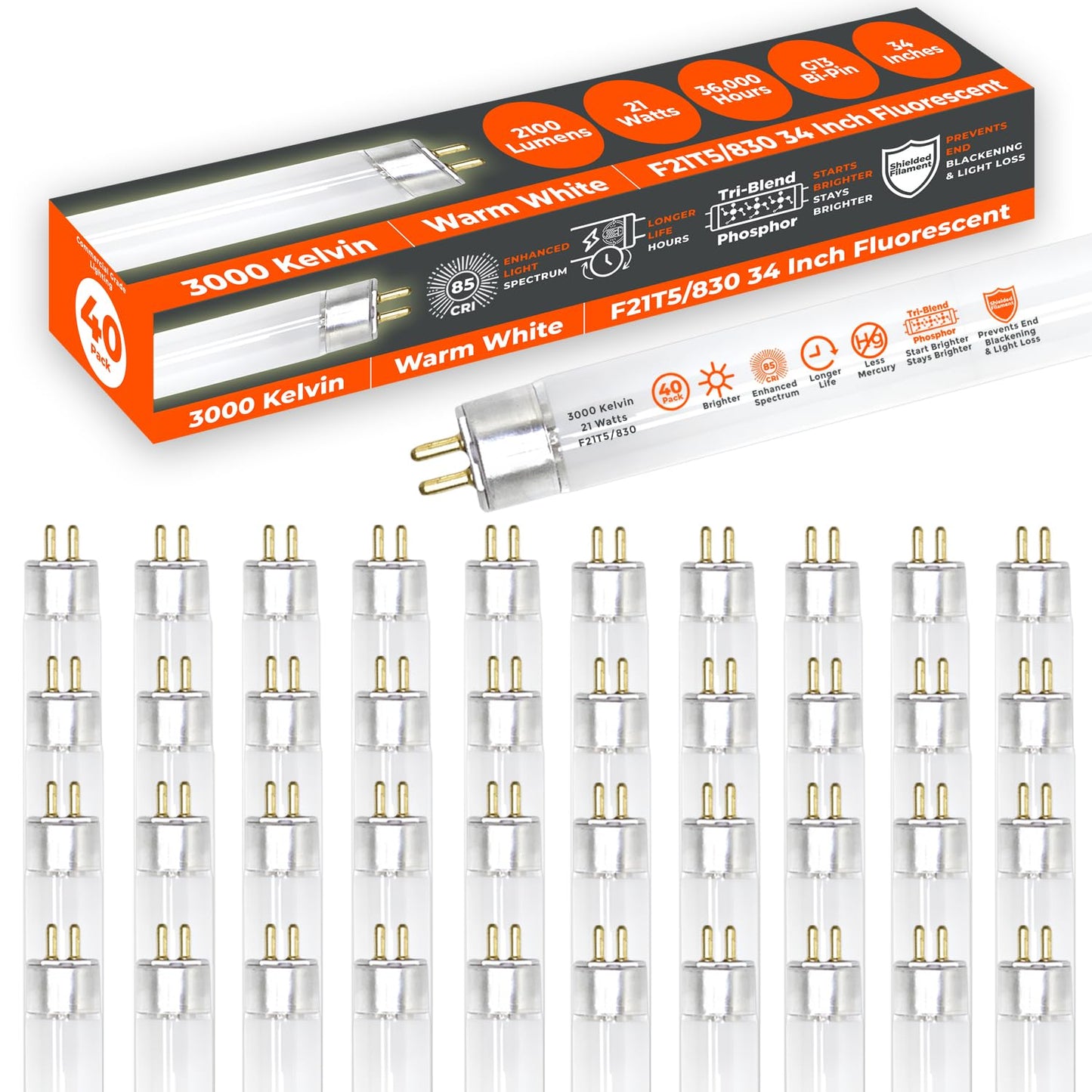 Goodbulb T5 Fluorescent Light Bulb, 21W, 3000K Warm White, 2100 Lumens, 40 Count Pack