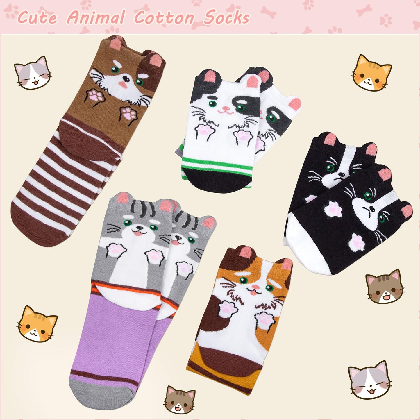 Cropgain 5 Pairs Women Girls Socks Cute Animal Socks Cat Dog Cow More Fun Novelty Socks Gifts for Girls,Mixed Striped Cats