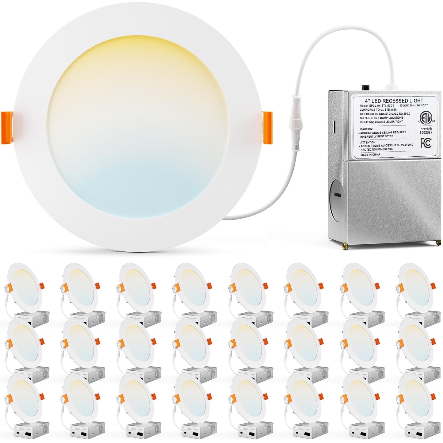 CHARKEE 24 Pack 4 Inch 5CCT Ultra-Thin LED Recessed Ceiling Light with Junction Box, 2700K/3000K/3500K/4000K/5000K, 750LM, 9W Equivalent to110W, Dimmable Canless Downlights, ETL & Energy Star & FCC