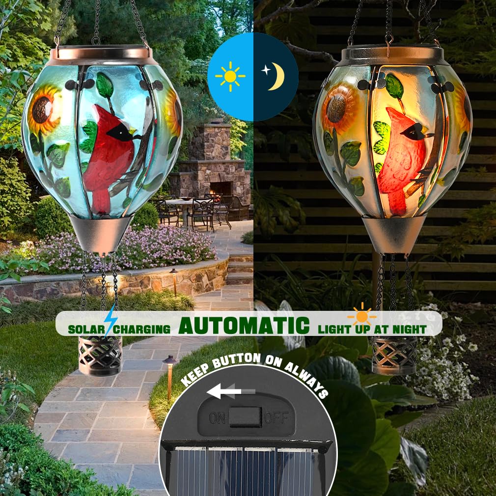 Hot Air Balloon Solar Lantern - Large Cardinal Bird Glass Lantern  Simulated Flickering & Dancing Flame  Big Outdoor Hanging Sunflower Yard Light Waterproof Ip65 For Patio Lawn Porch Decor Gift