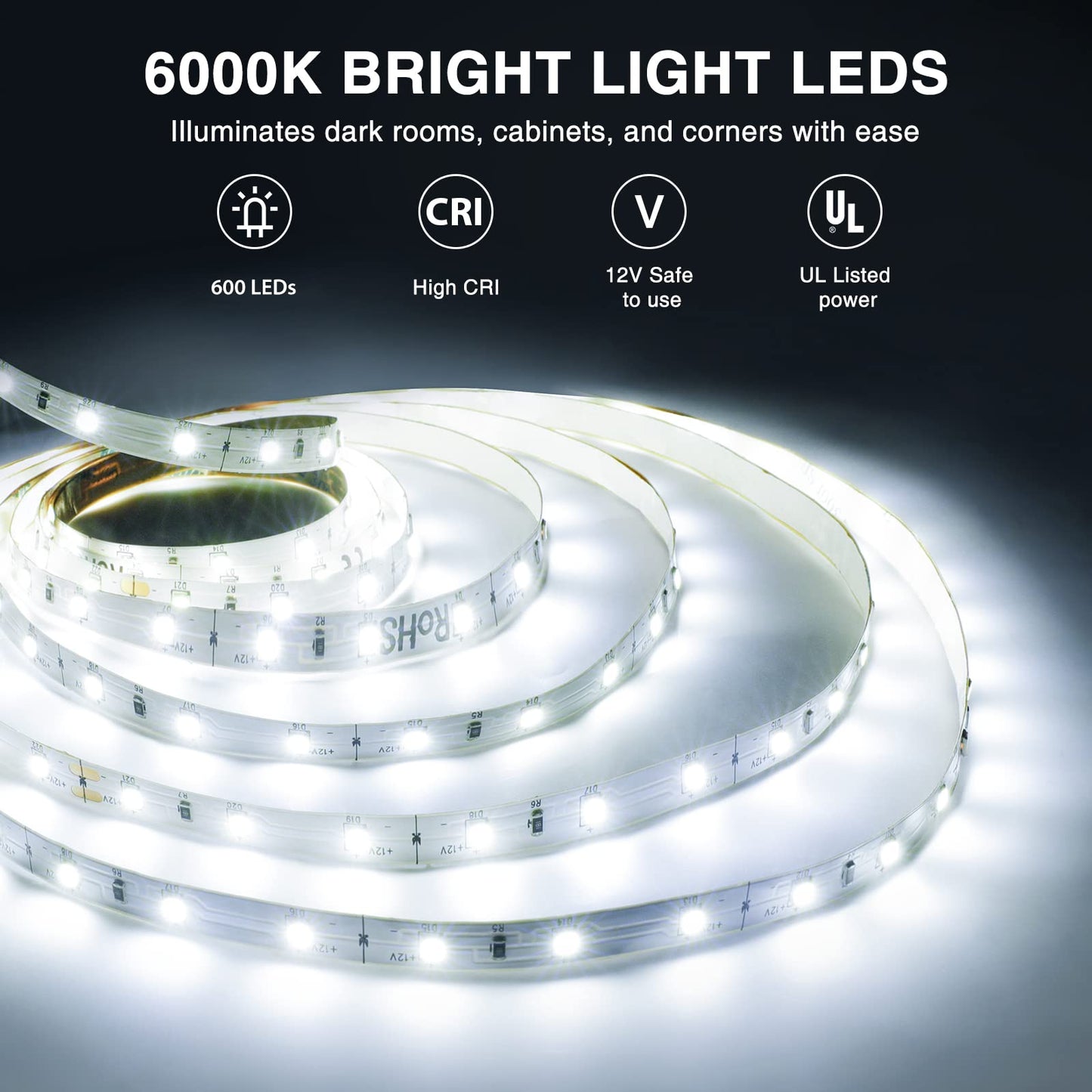 Onforu Led Strip Lights, 32.8Ft Dimmable Daylight White Tape Light Kit, 600 Leds, Flexible 12V Lighting For Home And Bedroom