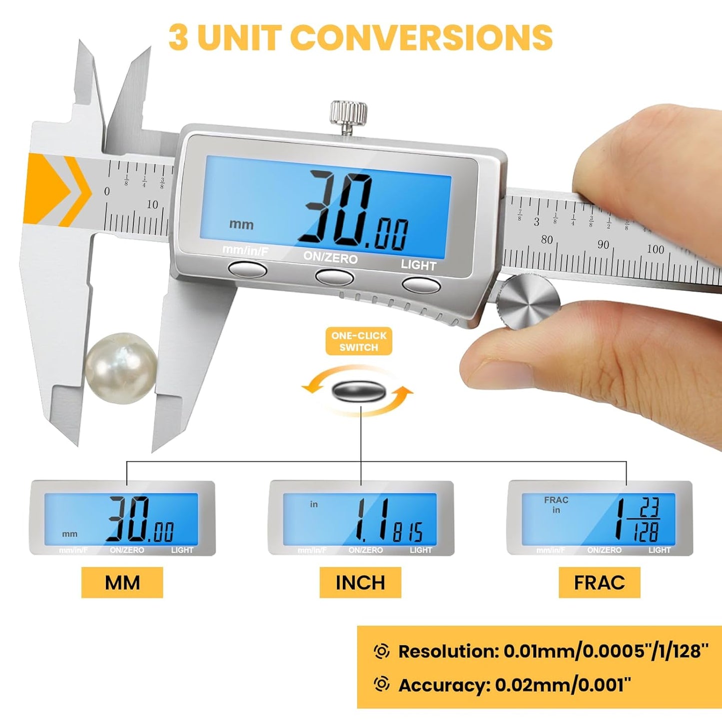 Digital Caliper, Rechargeable Caliper Measuring Tool with Backlight LCD Screen,Vernier Dial Caliper Stainless Steel with Auto-Off Feature,Inch Metric Fraction Conversion, for Jewelers/Woodworkers/DIY
