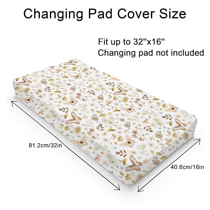 Vintage Butterflies Boho Wildflowers Baby Changing Pad Covers for Boy Girl 32''x16'' Watercolor Bees Butterflies Spring Floral Fitted Diaper Change Table Mats Soft Breathable Cradle & Bassinet Sheets