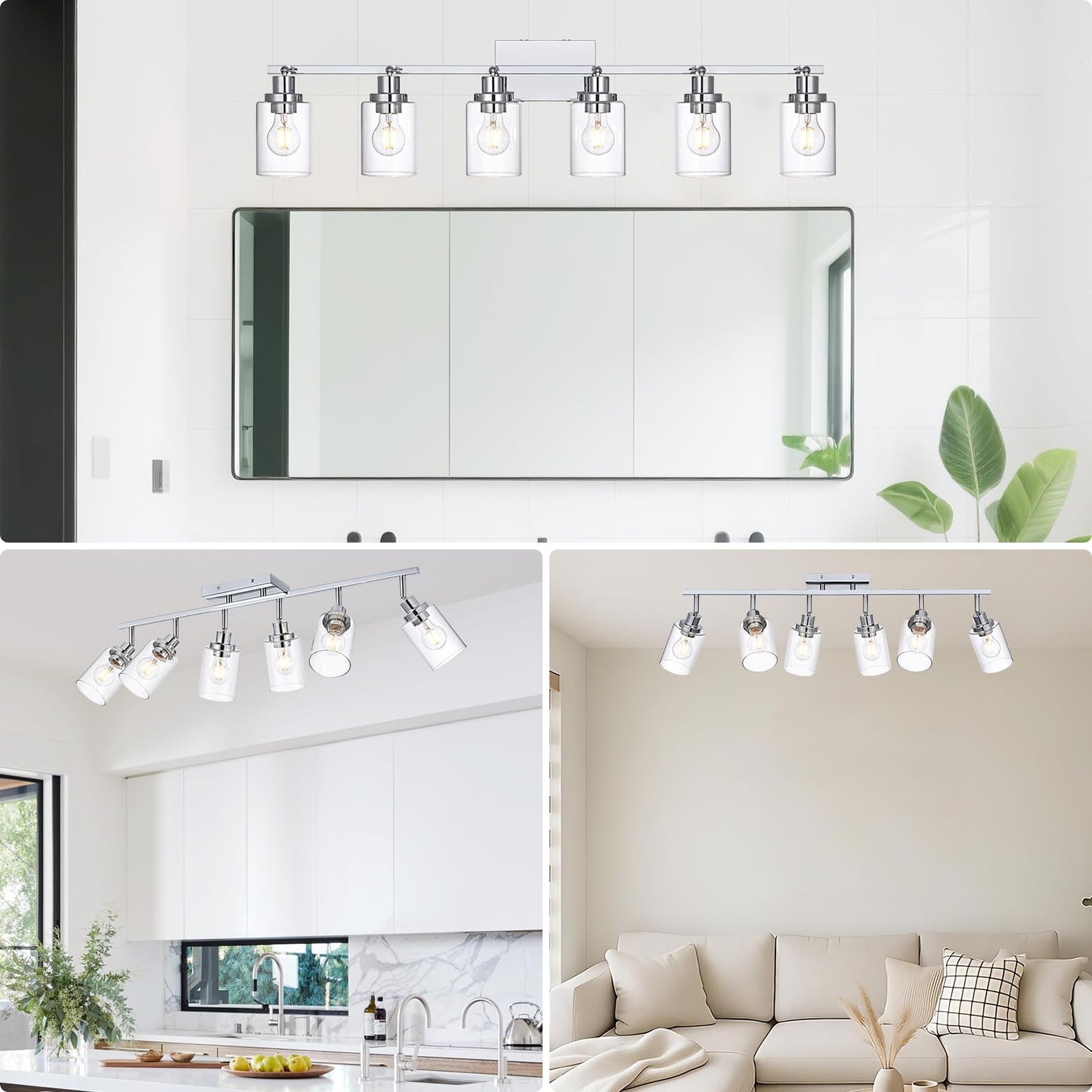 Wanluce 6-Light Track Lighting Kit Ceiling Kitchen Track Lighting Fixtures Chrome Bathroom Vanity Wall Lights With Clear Glass Multi-Directional Rotating Tracking Light Heads Spotlight For Accent Shop