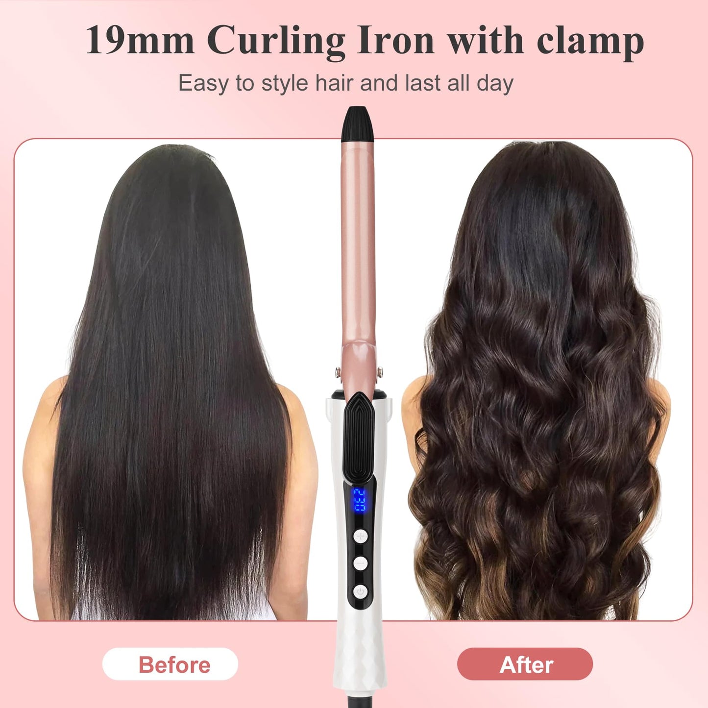 Curling Wand 19mm Professional Ceramic Hair Curling Iron with Clip for Short to Long Hair Styler Curler, Digital Display, Hair C