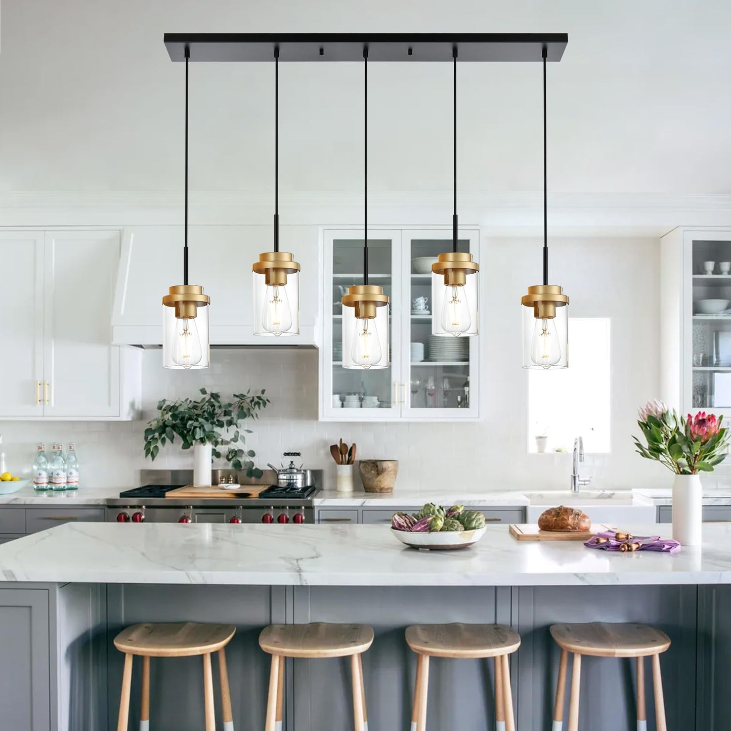 Melucee 5-Lights Adjustable Pendant Light, Black Brass, Modern Chandelier For Dining Room, 40.1 Inches, Clear Glass Shade, Model 4-4501-5D