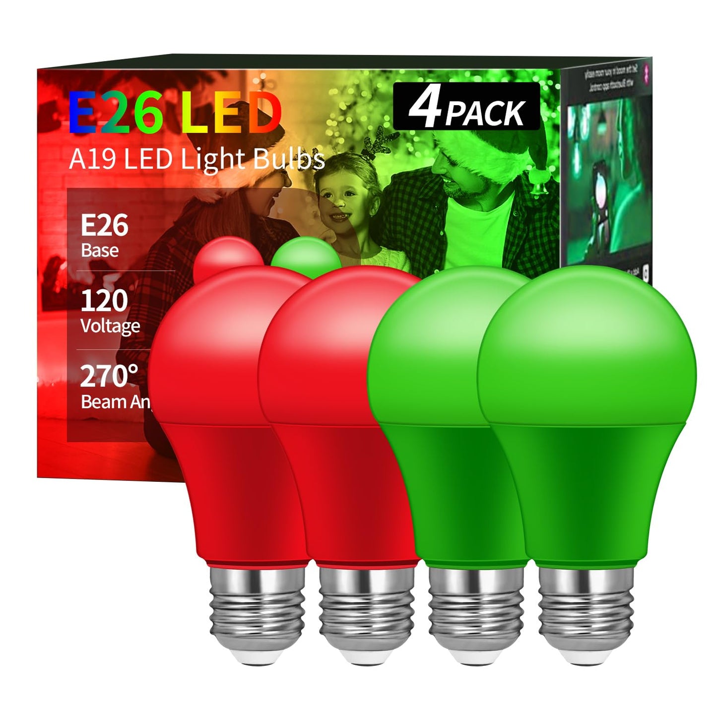 Roche Jaune A19 LED Light Bulbs, 4 Pack, 9W E26, Red and Green, 60W Equivalent, Plastic, Christmas Outdoor Lighting