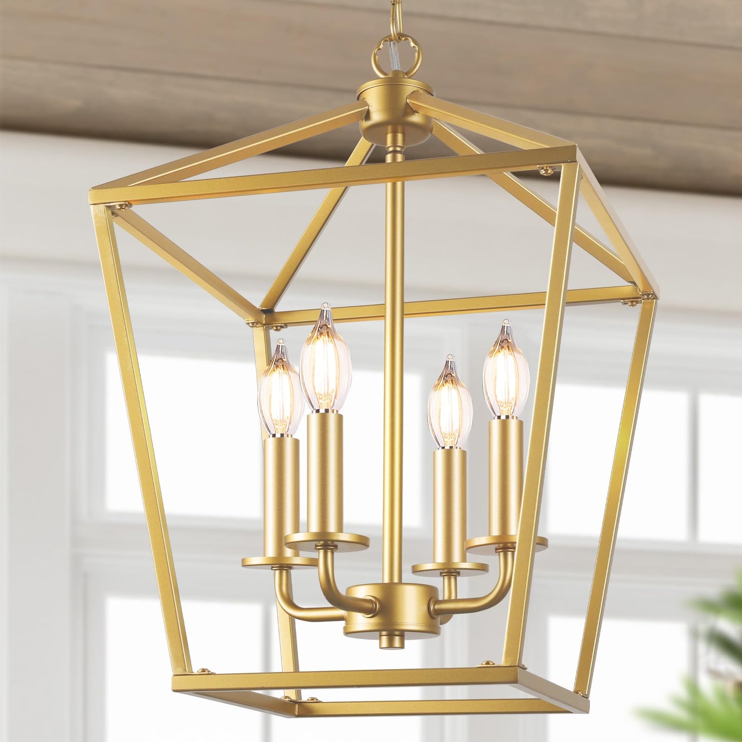 Farmhouse Chandelier 4-Light  Gold Pendant Light Fixture For Kitchen Island Dining Room  Lantern Industrial Lighting Ceiling Hanging With Metal Cage Adjustable Height For Entryway Foyer