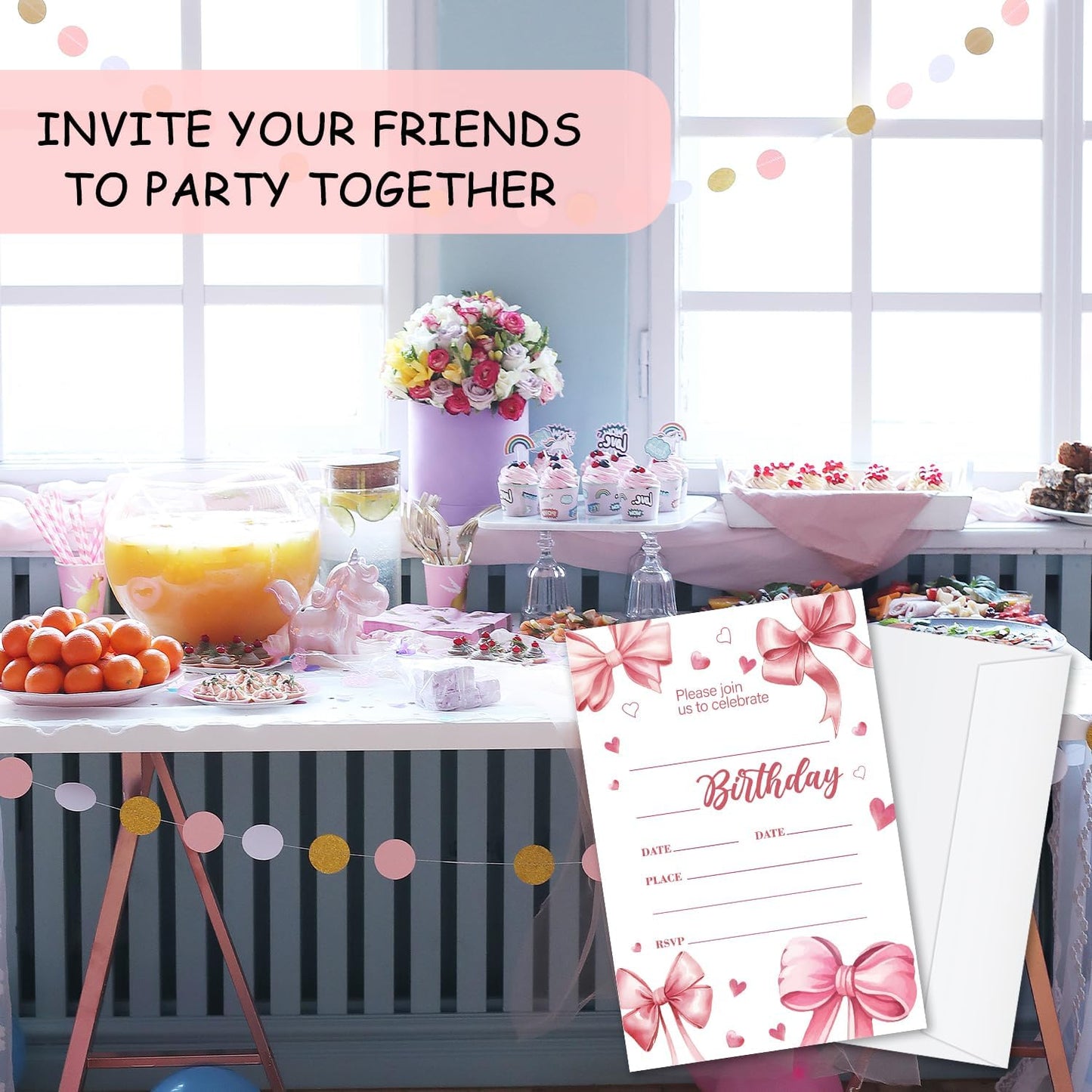 Pink Bow Birthday Invitations, Cute Bow Party Invitations, 20 Double-Sided Fill In Invitation with Envelopes for Boys Girls, Birthday Party Decorations Favor