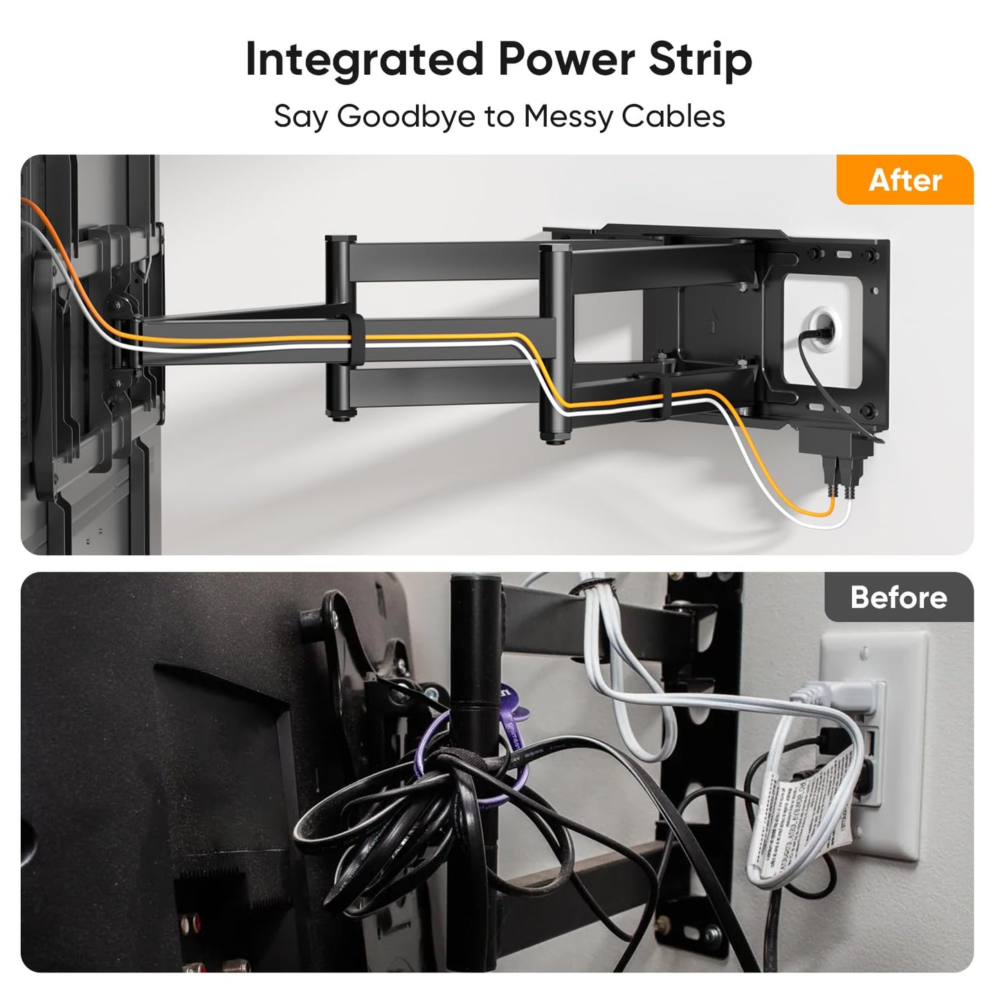 FORGING MOUNT Long Arm TV Wall Mount with 42.9 inch Extension and Power Strip for 60–110 Inch TVs, Heavy Duty Full Motion TV Mount,VESA 900x600mm,up to 220 lbs,Smooth Swivel, Tilt,16”-24” Wood Studs