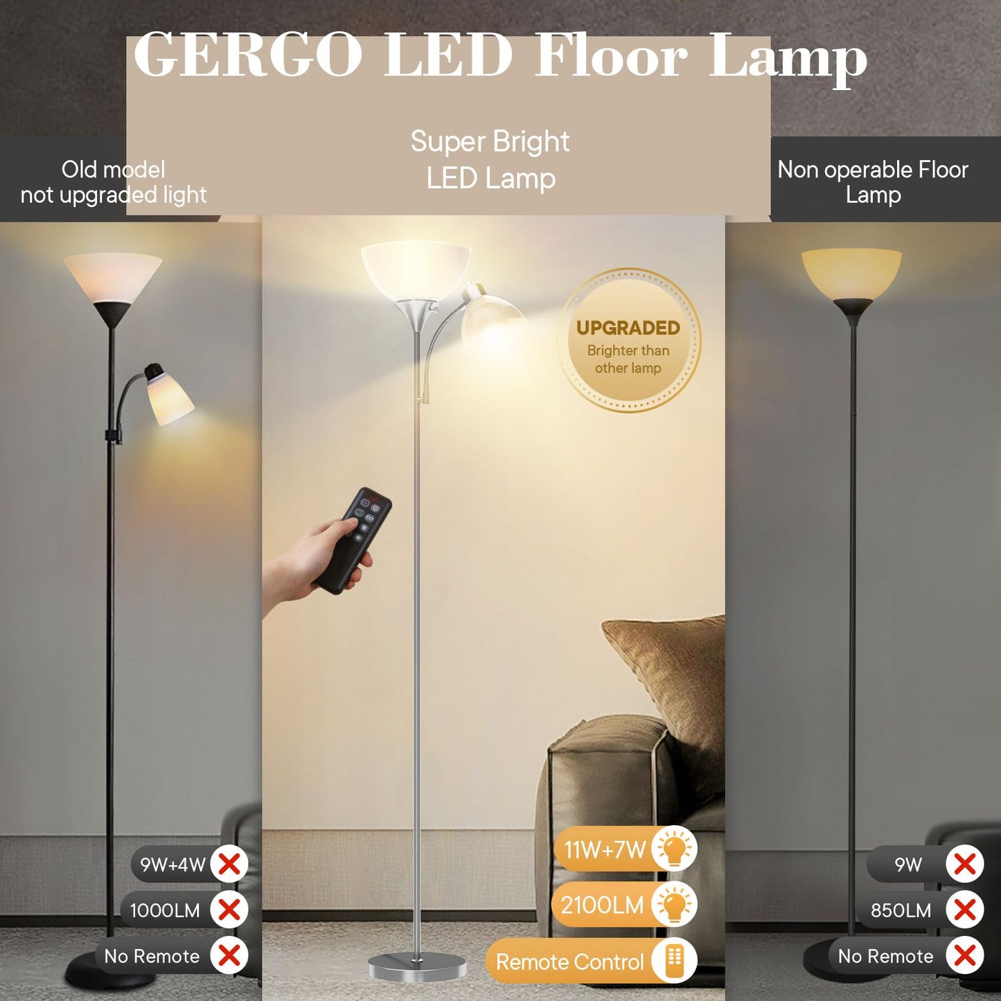 GERGO Floor Lamp with Remote Control, LED Torchiere, 4 Color Temperatures, Brushed Nickel