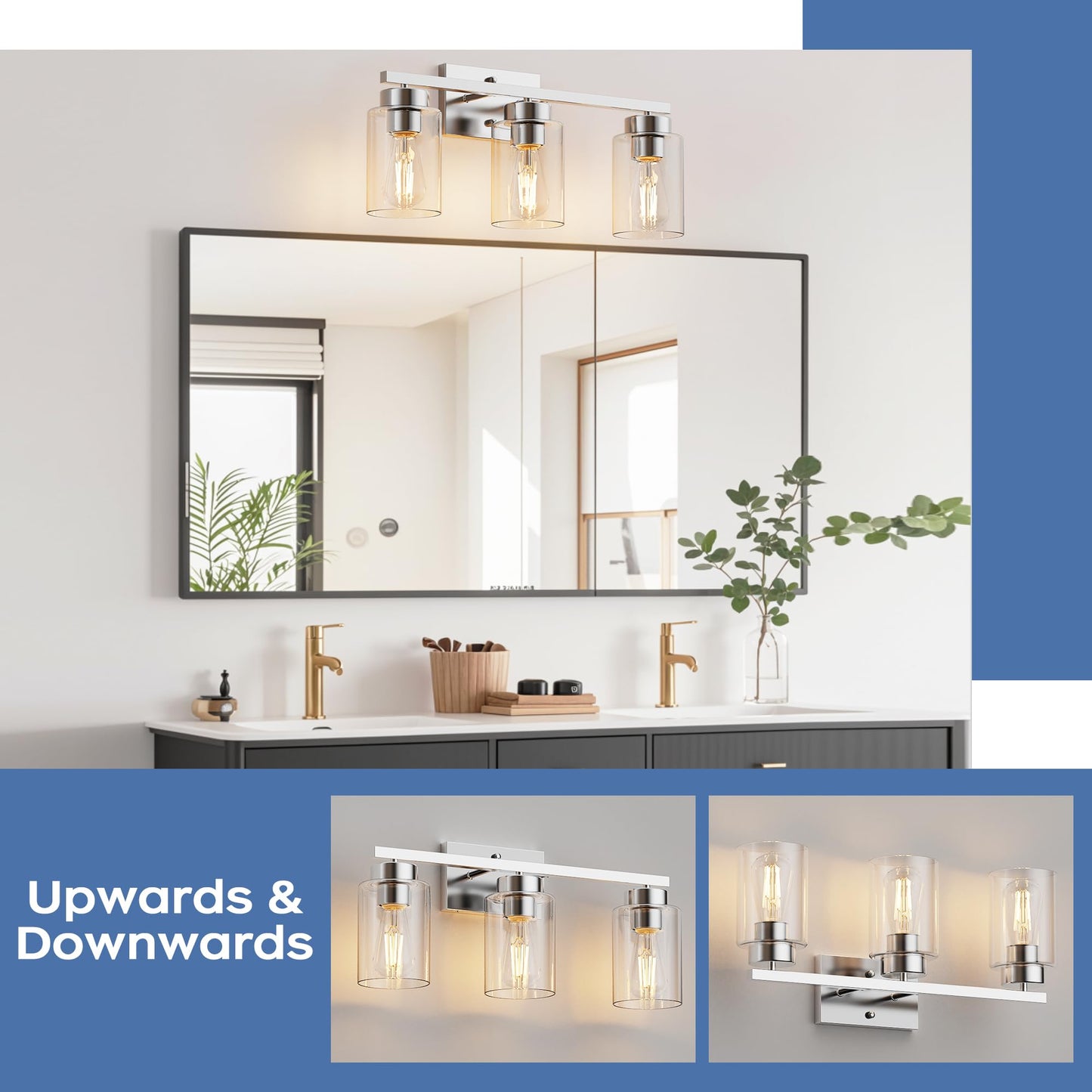 Partphoner 3-Light Bathroom Light Fixtures  Brushed Nickel Vanity Light With Clear Glass Shade  Modern Wall Sconce For Mirror Bedroom Living Room Hallway Lighting