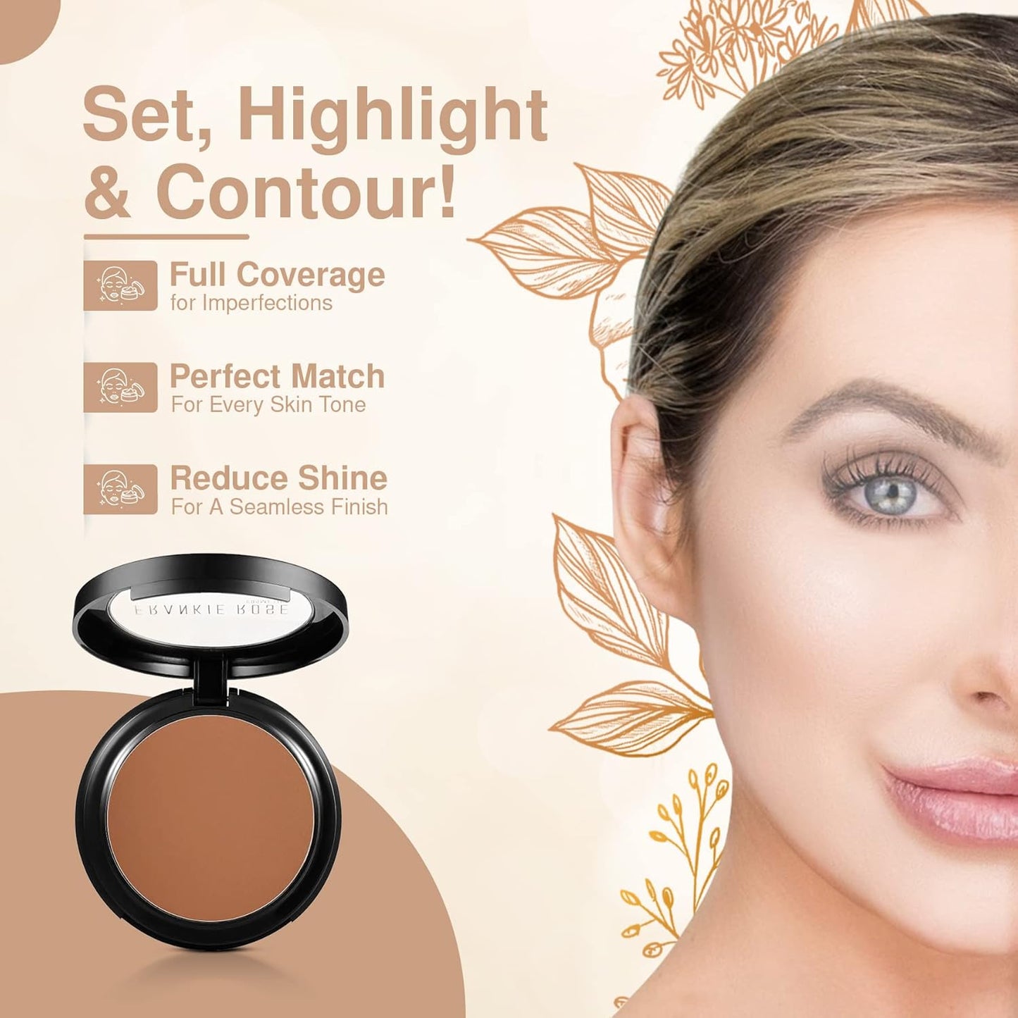 Frankie Rose Cosmetics Powder Foundation – Full Coverage Face Powder For Pores & Imperfections, Evens Out Skin Tone & Shine-Control | 58 Grams (Bronze)