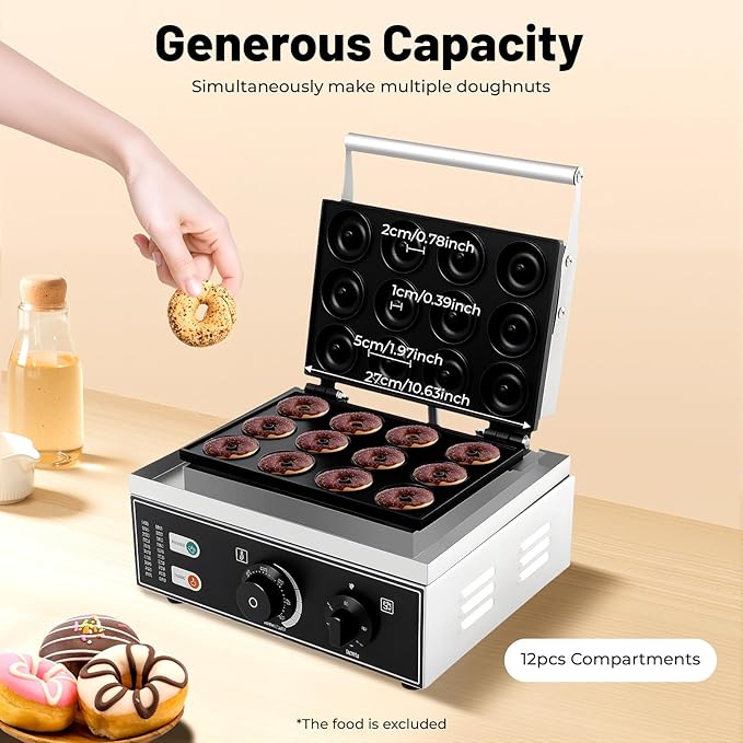 Commercial Waffle Donut Machine, 110V 1550W Electric Donut Maker w/Non-stick Surface, Temperature 122-572℉, 12 Holes Double-Sided Heating Doughnut Waffle Maker for Home Bakery Mall (12 Donut Holes)