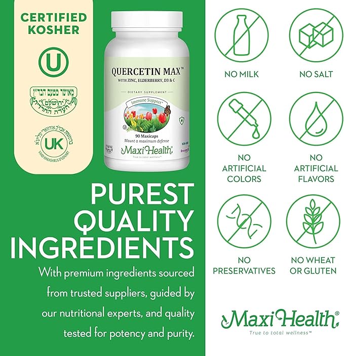 Maxi Health Quercetin 500mg with Zinc 30mg, Vitamin C 1000mg, Vitamin D 2500 IU, Elderberry 125mg - Vegetarian Health Supplement for Adults Kosher Certified - 90 Veggie Capsules (Pack of 2)