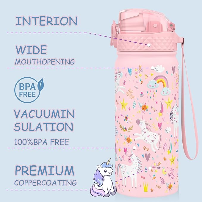 Kids Water Bottle, GOPPUS 18 oz Insulated Water Bottle with Straw, Double Vacuum Leakproof, BPA Free, for Boys and Girls,Pink Unicorn