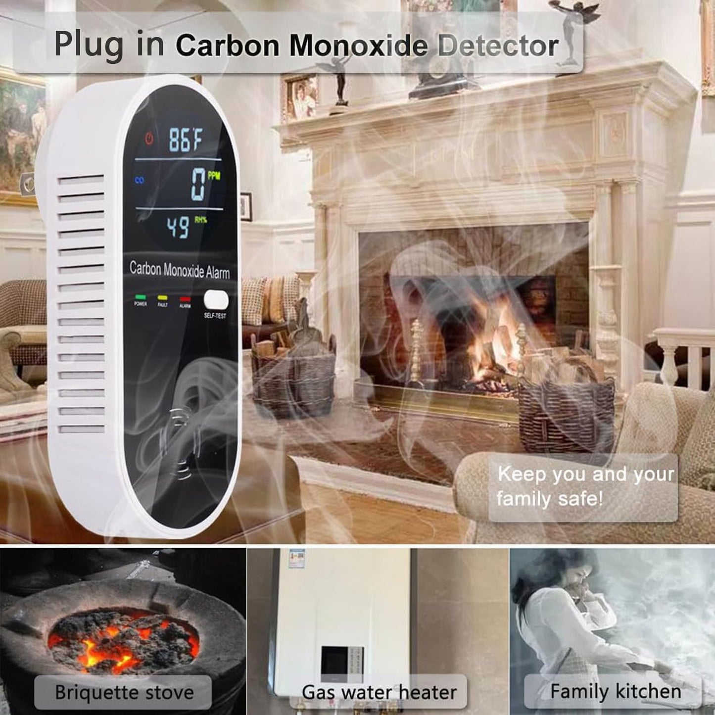 3-in-1 Carbon Monoxide Detectors Plug in Wall, Portable Carbon Monoxide Detector for Travel, CO Gas Meter Temperature Humidity Sensor Built-in with LCD Display Voice Light Warning