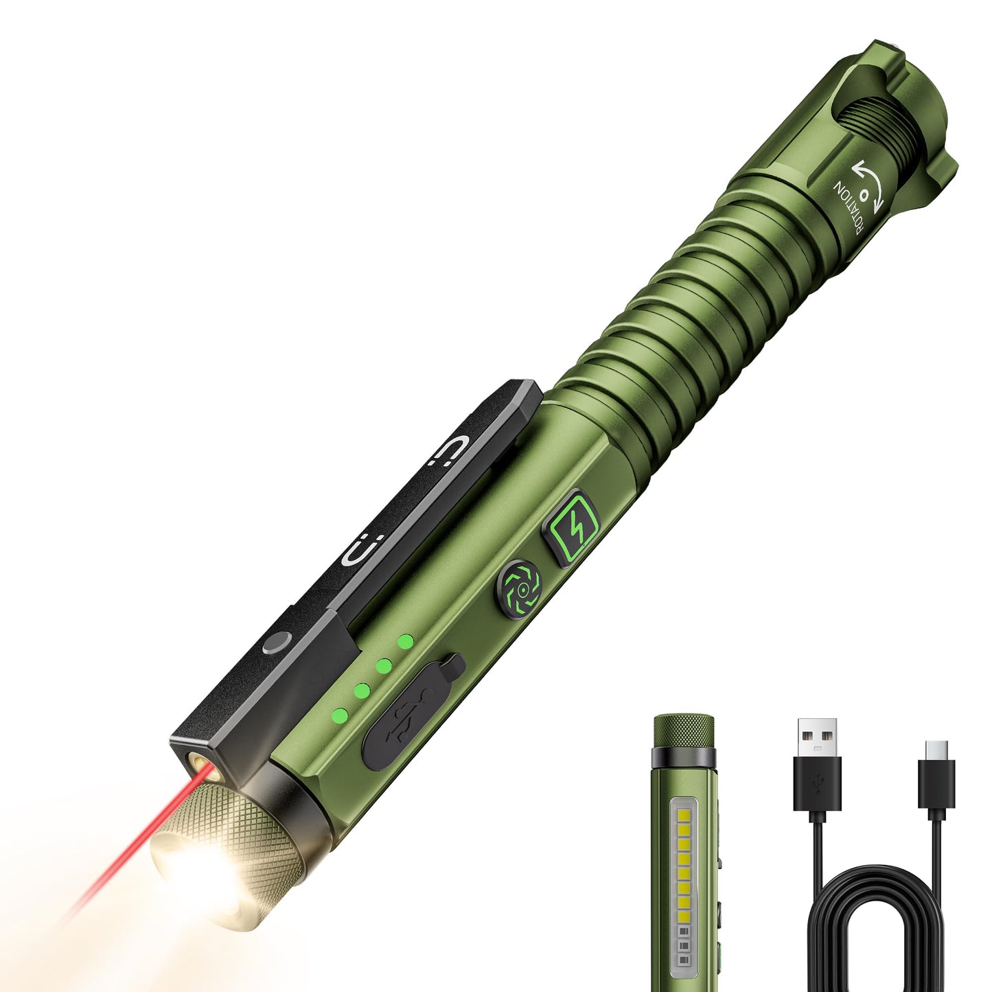 PASIION EDC Pen Flashlight, 800 Lumen, 11 Modes, USB-C, Magnetic Clip, Large, Green, Model FL03P