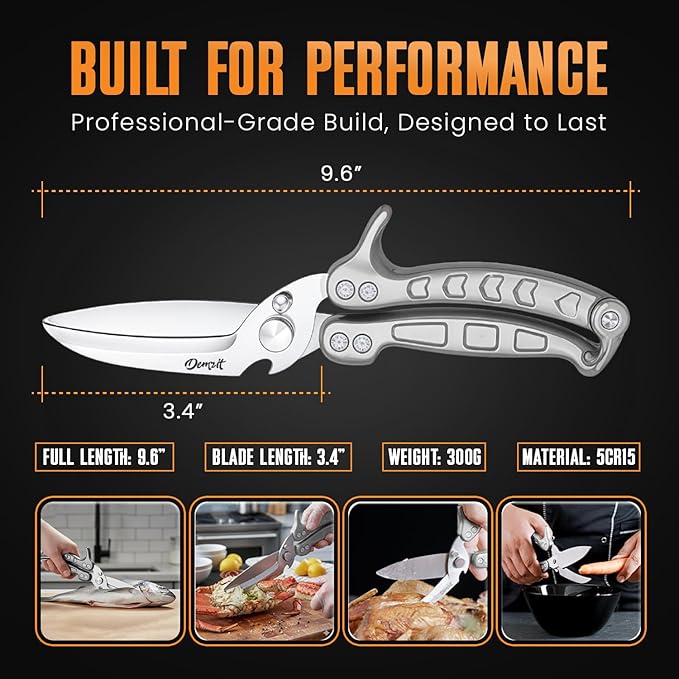 Poultry Shears, Kitchen Shears Heavy Duty for Food With Anti-Slip Handle & Safety Lock, Meat Scissors, Chicken, Lobster, Quail, Fish, Food Cutting Scissors, Bone Cutter (Ultra shears Silver)