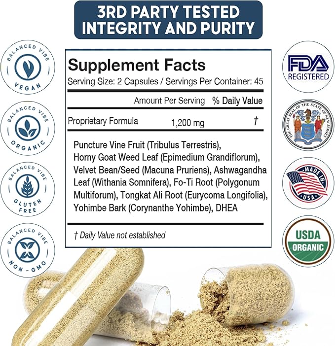 Balanced Vibe Virility | 8-in-1 Premium Libido Booster for Men | Male Performance Enhancement Supplement with Tongkat Ali, Horny Goat Weed, Tribulus | Enhances Stamina, Vitality, Men's Health (90ct)
