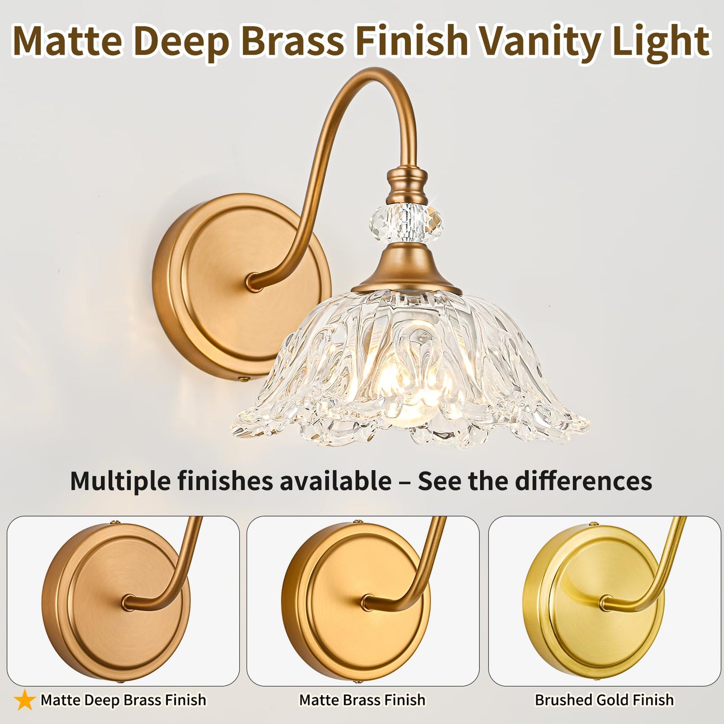 Sunkryster 1 Piece Vintage Wall Sconce With Floral Clear Glass Shade  Matte Deep Brass Finish Wall Mount Lighting For Bathroom Vintage Bathroom Vanity Light Fixture