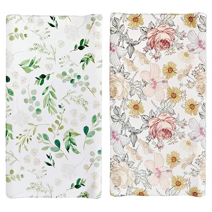 Stretchy Changing Pad Cover – Ultra Soft Diaper Changing Pad Table Sheets for Girls Boys Pure Cotton Safe and Snug Cradle Sheets Machine Washable Fit 32"/34'' x 16"Pad (Green Leaf + Flower)…