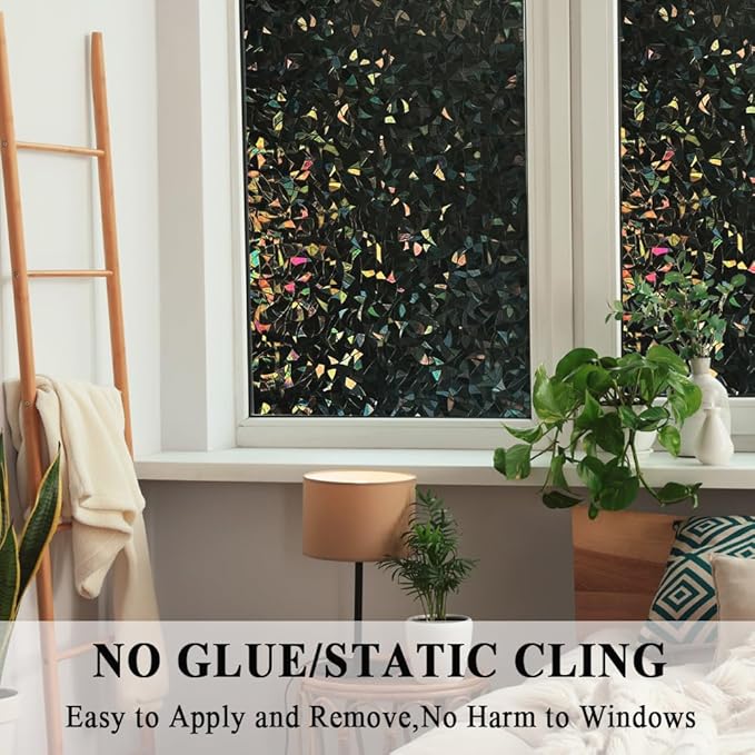 100% Light Blocking Privacy Window Film Blackout 3D Prism Sliding Glass Door Tint Room Darkening Rainbow Static Cling Heat Control Anti UV Removable Cover Decal Contact Paper Home Office,17.5x157in.