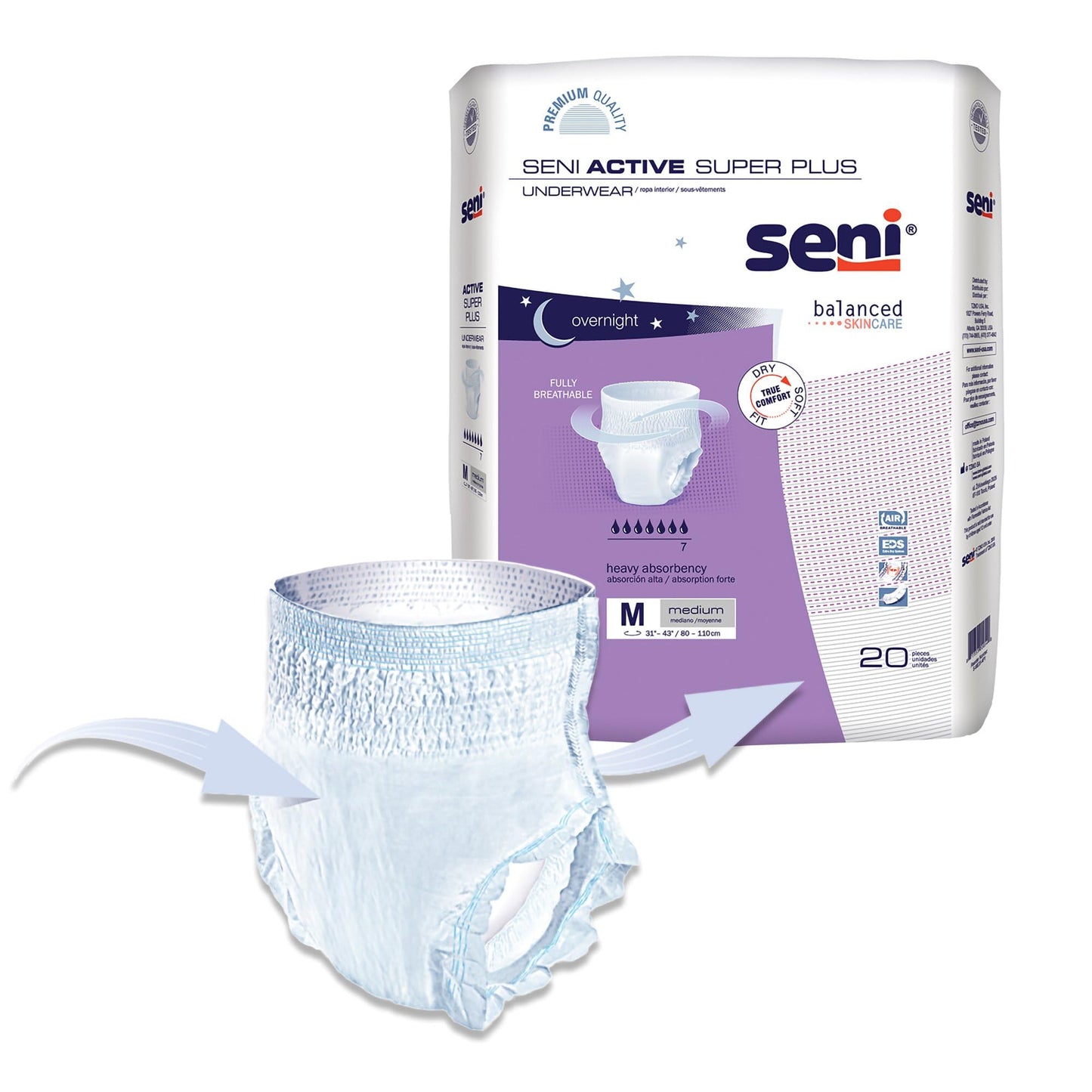 Seni Active Super Plus Unisex Adult Incontinence Underwear, Size Medium (31"-43"), 80 Count (4 Packs of 20), Heavy Absorbency, Pull On Disposable Overnight Underwear for Men & Women