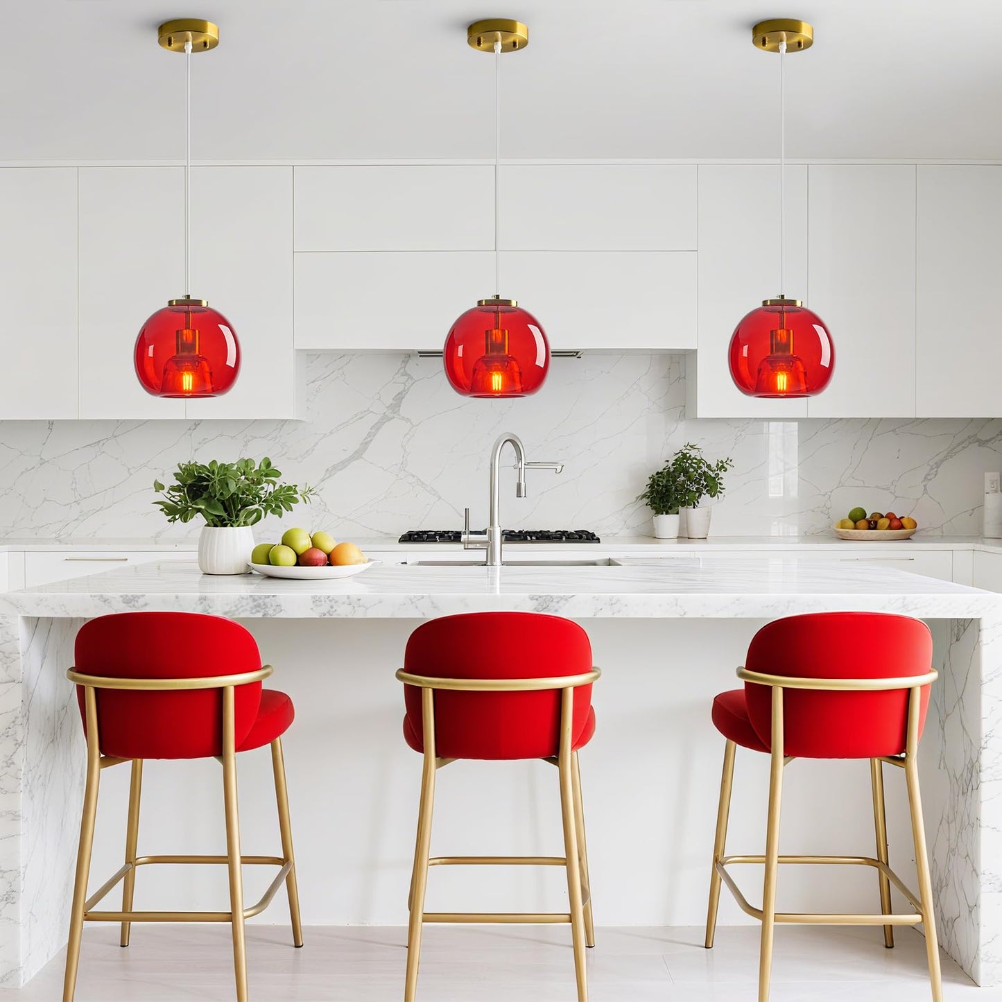Lbsqj Red Glass Pendant Lights Kitchen Island Gold Hanging Light Fixture Glass Globe Pendant Light Modern Pendant Lighting For Kitchen Island Bedroom Dining Room (7.87  1 Pack)