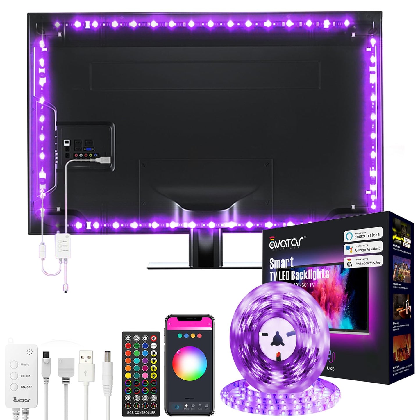 Avatar Controls Smart Tv Led Backlights, 9.8Ft Wifi Rgb Strip Lights, Alexa & Google Assistant Compatible, For 46-60 Inch Tvs