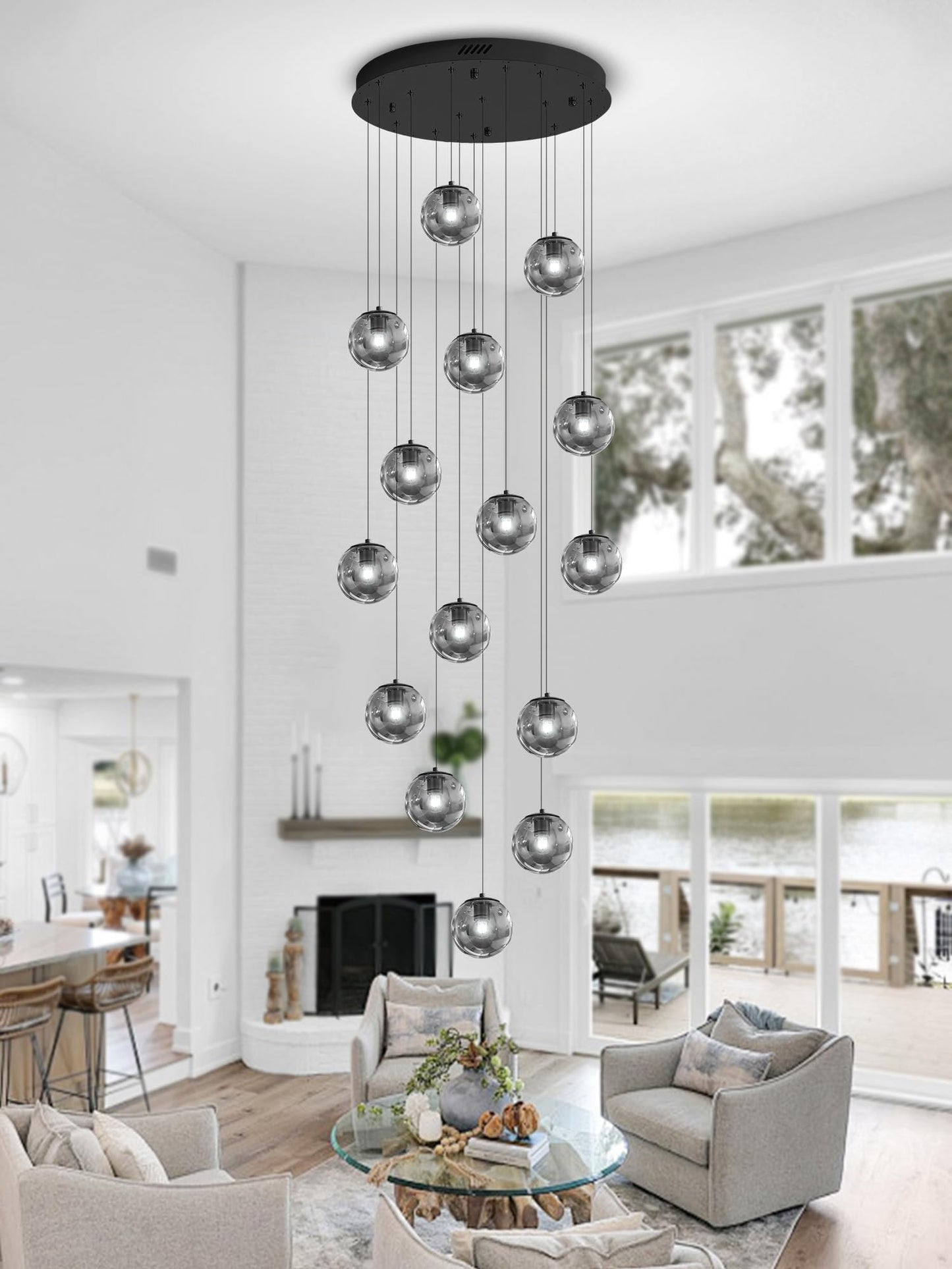 Ykolupty H138 Modern Smoke Gray Glass Globe Chandelier Large Chandeliers For High Ceiling 15-Lights Entryway Modern Lighting Fixture Glass Globe Pendant Light For Living Room Foyer Hallway