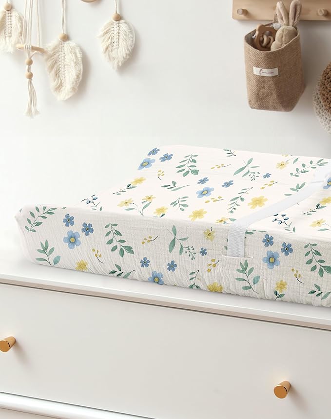 Changing Pad Cover for Baby Boy Girl 2 Pack, Muslin Changing Table Pad Covers with Boho Style, Neutral Nursery Bedding Essentials Soft and Breathable (Spring Garden & Sage)