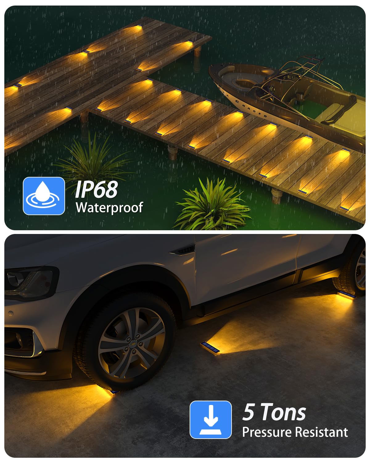 DetarZinLED Solar Step Lights, 2 Pack Warm White Outdoor Lighting, Waterproof, Model EL-SPW-02
