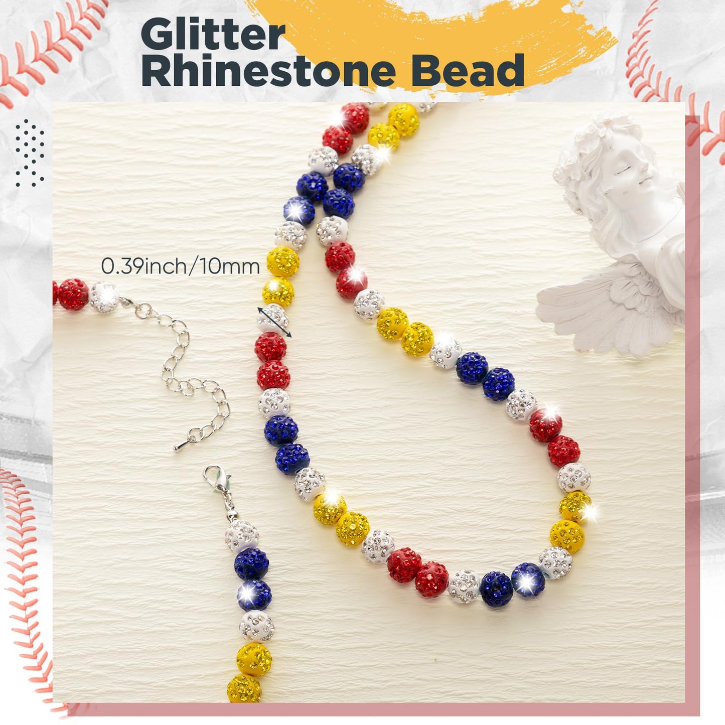 Landical 12 Pcs Bling Baseball Necklace Ice Beaded Baseball Necklace Cool Gifts Bulk for Team Players Lovers Fans(Red, Yellow an