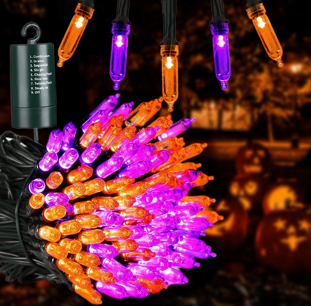 Joomer 33ft 100 LED Mini String Lights, Battery Operated, Waterproof, 8 Modes, Orange Purple for Halloween Decorations