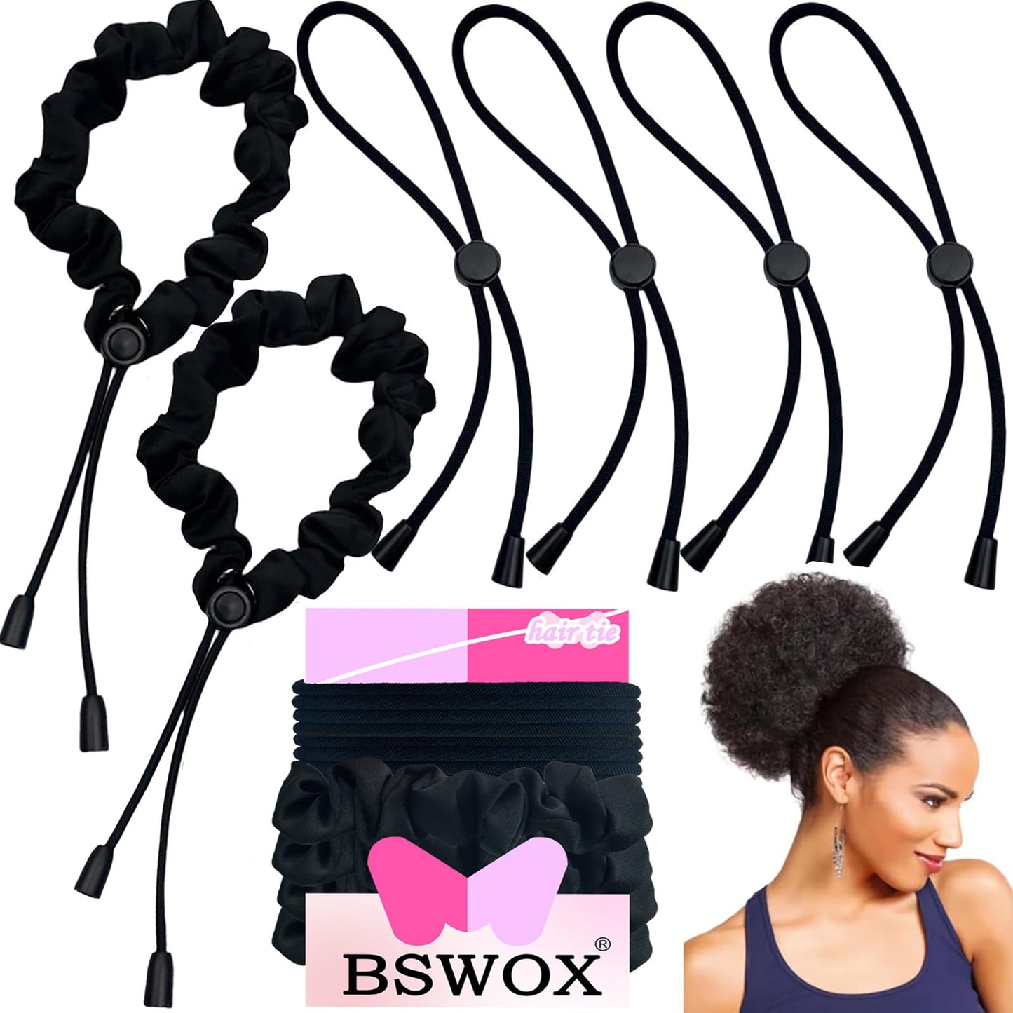 6 Pcs Black Large Adjustable Length Satin Hair Ties for Afro Puff,Thick Black Hair Band, Silk Soft Ponytail Holders,Perfect for