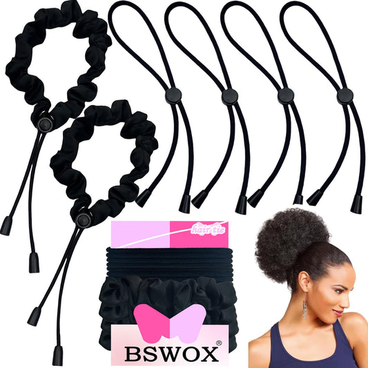 6 Pcs Black Large Adjustable Length Satin Hair Ties for Afro Puff,Thick Black Hair Band, Silk Soft Ponytail Holders,Perfect for