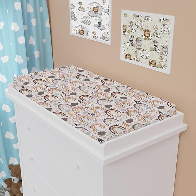 Colorful Boho Rainbow Changing Pad Covers Cute Rainbow Mountain Trees Clouds Stars Fitted Baby Change Table Sheets for Boys Girls Soft Breathable Stretchy Changing Table Cover 32''x16''