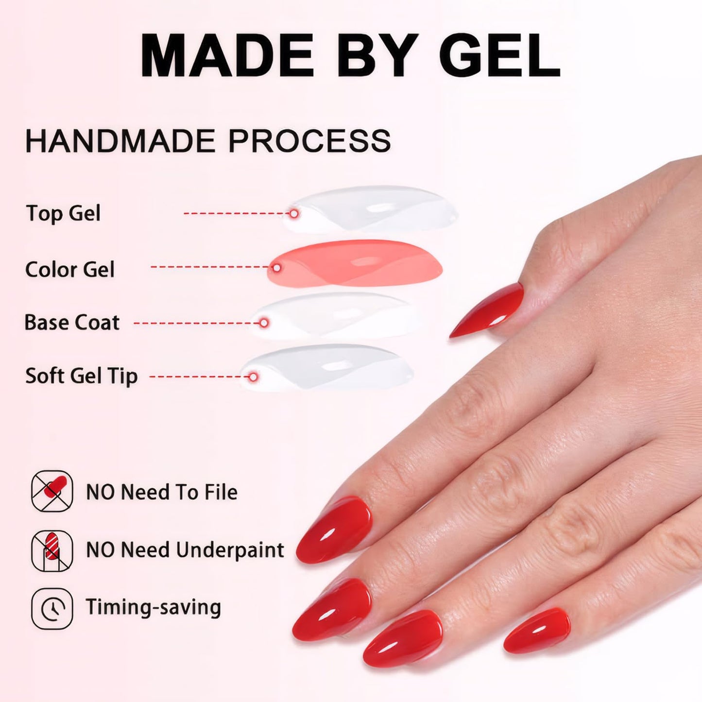 MRSCOL Press on Nails-Fiery Red,32 Pcs Press on Nails Almond,Press On Nails Short Reusable 16 Sizes - 32 Nail Kit with Glue